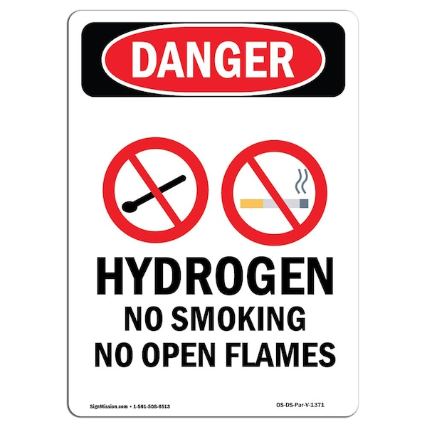 Safety Sign, OSHA Danger, 24" Height, Aluminum, Hydrogen No Smoking, Portrait